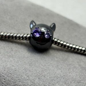 May include: A black charm with purple gemstone eyes in the shape of a cat's head.
