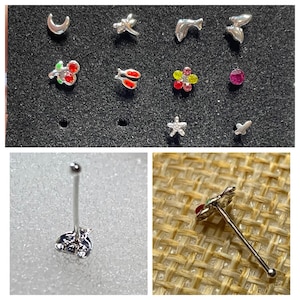 Silver nose ring stud ladybug cross moon dragonfly flower dolphin cross cherries