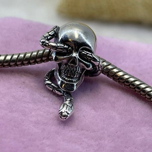 Sterling silver skull and snake charm bead