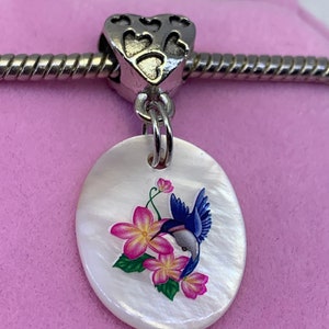 Blue hummingbird pink flower natural shell charm pendant