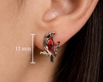 Dainty sterling silver red cardinal stud earrings