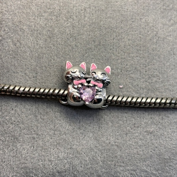 Pink topaz kitty cat kittens couple sterling silver charm bead