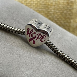 Sterling silver pink ribbon HOPE heart charm bead