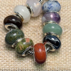 Natural stones for European bracelet sterling silver core red jasper amethyst tigers eye Unakite and more Feng shui