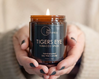 Tigers Eye Scented Candle: Smokey Leather & Tobacco, Vegan Soy Wax