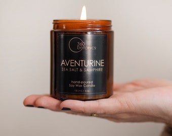Aventurine Soy Wax Candle: Sea Salt & Cucumber Scented, Vegan Friendly