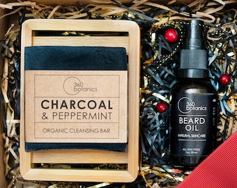 Mens Beard Oil Gift Box: Vegan Organic Oil & Charcoal Peppermint Soap