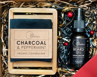 Mens Beard Oil Gift Box with 'Black Soap' Inc Charcoal and Perppermint Soap and Organic Vegan Beard Oil | Gift for Man