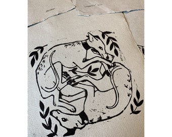 whippets - lino print
