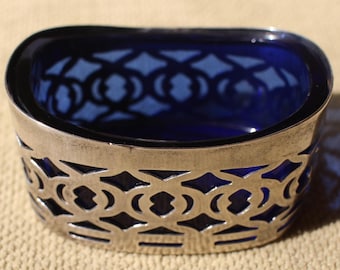 Antique Sterling Silver Single Salt Cellar With Glass Cobalt Blue Liner