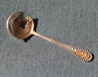 Antique Miniature Salt Spoon Russian Soviet Enamel 875 Silver With Gold Wash