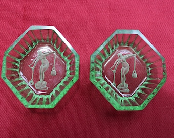 Lot Of TWO (2) Antique Green Crystal Glass Intaglio Dishes Salts Trays Green Glass Figural Design Very Nice!