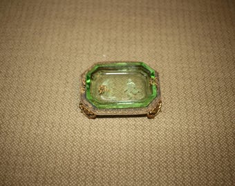 Antique Green Crystal Intaglio Dish Salt Cellar Pin Tray With Metal Braid Patterned Tray Holder Made In Czechoslovakia Very Nice Condition