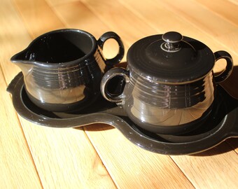 Vintage Fiesta Fiestaware Black Glaze Sugar Bowl, Creamer & Tray Set
