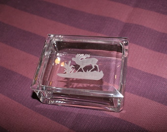 Vintage Antique Clear Crystal Box Beveled Corners / Edges With Elk In A Field Carved Intaglio Lid - Gorgeous!