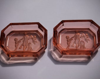 Lot Of TWO (2) Antique Peach/Light Orange Colored Crystal Intaglio Dishes Salts Trays