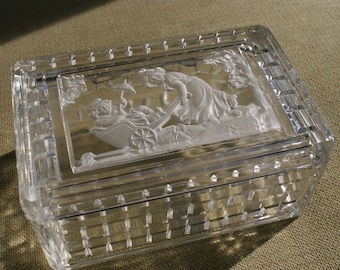 Vintage Antique Cut Crystal Box With Figural Carved Intaglio Lid