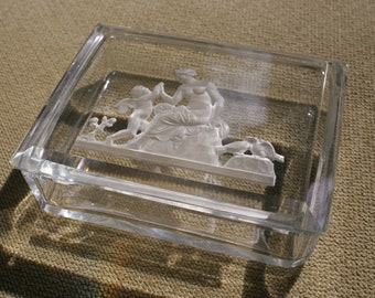 Vintage Antique Clear Crystal Box Beveled Corners / Edges With Figural Carved Intaglio Lid