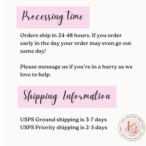 May include: A graphic with the text "Processing time" and "Shipping Information" in a cursive font, set against pink rectangular backgrounds. The text details order processing and shipping times.