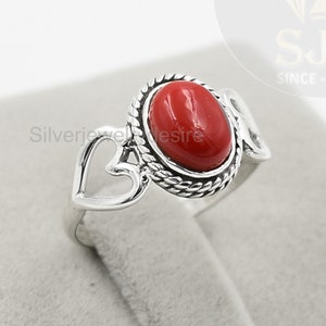 Red Coral Heart Ring, 925 Sterling Silver, Coral 7x9 mm Oval Ring, Statement Ring, Red Gemstone Ring, Boho Ring, Silver Ring, Womens Ring