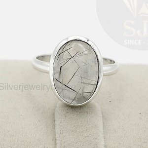 Schwarzer Rutilquarz Ring: Ovaler Edelstein, Sterling Silber Lünette