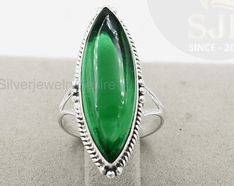 Emerald Quartz Ring, 925 Sterling Silver, Quartz 10x30 mm Long Oval Ring, Statement Ring, Emerald Ring Silver, Quartz Jewelry, Womens Ring
