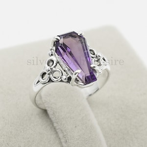 Natural Amethyst Ring, Coffin Ring, Amethyst Prong Ring, 925 Sterling Silver, Genuine Amethyst 8x14 mm Gemstone Coffin Ring, Women Rings