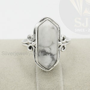 Sterling Silver Howlite Ring: Long Hexagon Boho Ring
