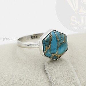 Blue Copper Turquoise Ring, 925 Sterling Silver, 10 mm Hexagon Turquoise Ring, Boho Rings, Statement Ring, Blue Turquoise Ring, Womens Ring