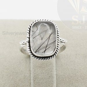 Black Rutilated Quartz Ring: 925 Sterling Silver Cushion Gemstone