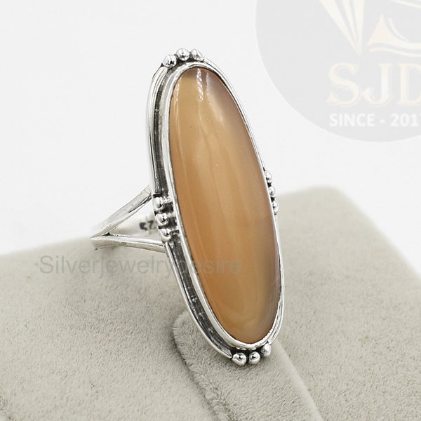 Amazing Peach Moonstone Ring, Sterling Silver Ring, Moonstone 10x30 mm Oval Ring, Silver Ring, Moonstone Ring, Big Stone Ring, Women Rings