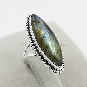 925 Sterling Silver, Labradorite 10x30 mm Long Marquise Ring, Silver Ring, Labradorite Ring, Big Stone Ring, Womens Ring, Gift Her For Her