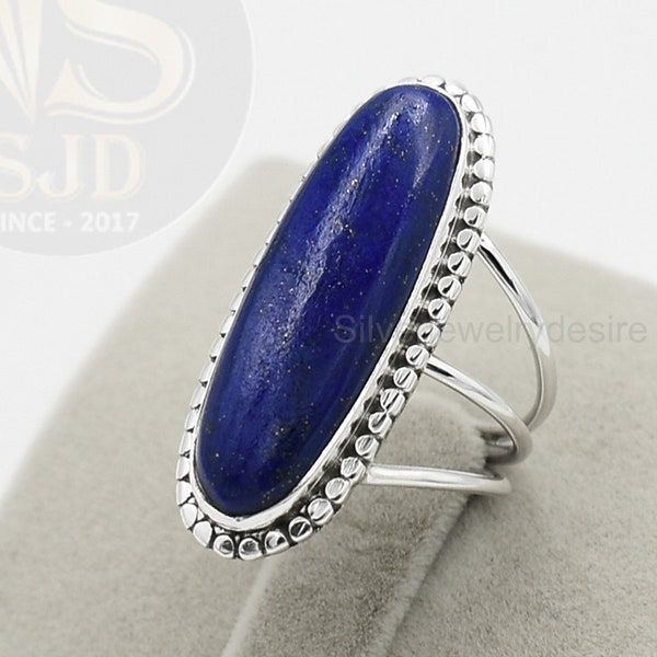 Long Oval Lapis Lazuli Ring, 925 Sterling Silver, Lapis Ring, Silver Ring, Wedding Ring, Statement Ring, Triple Band Ring, Women Rings, Gift