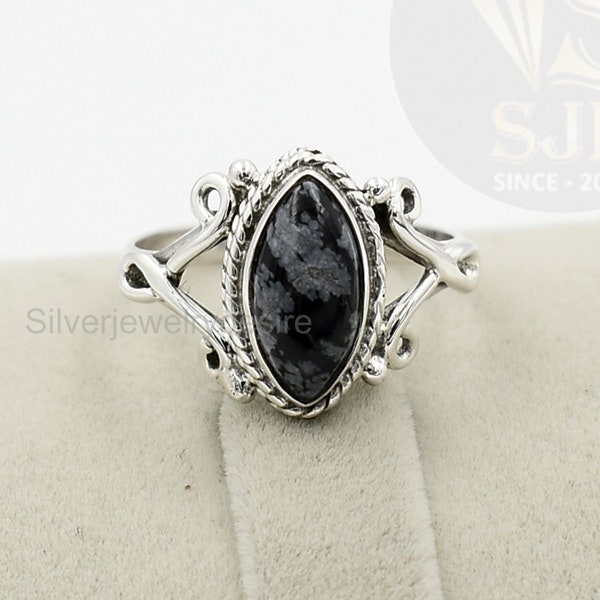 Bague en obsidienne véritable flocon de neige, argent sterling 925, bague marquise en obsidienne 6 x 12 mm, bague bohème, belle bague, bague en argent, bague pour femme