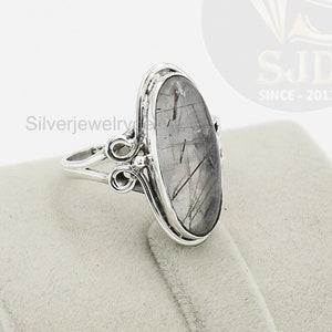 Oval Black Rutilated Quartz Ring: Sterling Silver Boho Ring