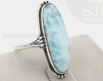 Larimar Ring: Long Oval Stone, 925 Sterling Silver, Boho Jewelry