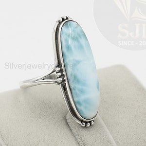 Larimar Ring: Long Oval Stone, 925 Sterling Silver, Boho Jewelry