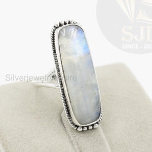 Amazing Rainbow Moonstone Ring, Sterling Silver Ring, Moonstone 10x30 mm Cushion Ring, Silver Ring, Moonstone Ring, Boho Ring, Womens Ring
