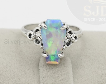 Ethiopian Opal Coffin Ring: Sterling Silver Prong Setting