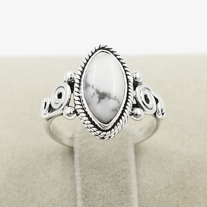 Sterling Silver Howlite Ring: Marquise Gemstone Statement Ring