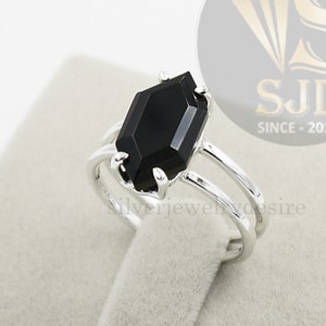 Black Onyx Ring, 925 Sterling Silver, Prong Ring, Black Onyx 8x15 mm Hexagon Ring, Double Band Ring, Silver Ring, Boho Ring, Gift For Her