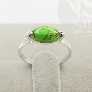 Green Turquoise Prong Ring, 925 Sterling Silver, Green Copper Turquoise 6x12 mm Marquise Gem Ring, Boho Ring, Silver Ring, Womens Ring