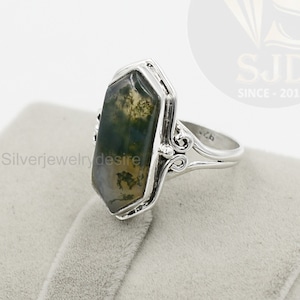 Green Moss Agate Ring: Sterling Silver Hexagon Statement Ring