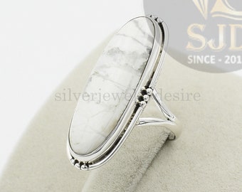 Sterling Silver Howlite Ring: Long Oval Boho Ring