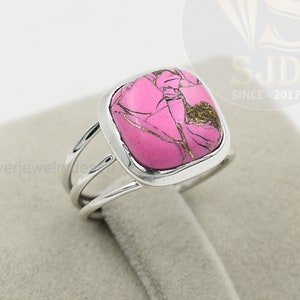 Anel de cobre rosa e turquesa, anel de prata esterlina 925, anel com pedras preciosas de 12 mm, anel de prata, anel de turquesa rosa, anel de destaque, anel feminino
