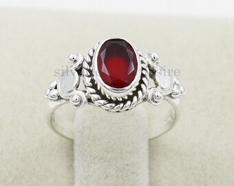 Red Ruby Sterling Silver Ring: Faceted Oval, Boho Statement Ring