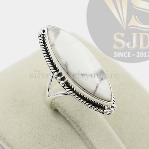 Howlite Ring, Sterling Silver Ring, White Howlite Ring, Long Marquise Ring, Silver Ring, Boho Ring, Women Ring, Big Stone Ring, Gift For Her