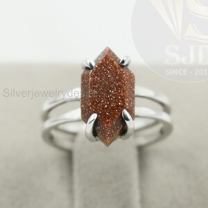 Brown Goldstone Ring, 925 Sterling Silver, Prong Ring, Sunstone 8x15 mm Hexagon Ring, Double Band Ring, Silver Ring, Boho Ring, Womens Ring