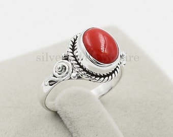 Red Coral Ring, 925 Sterling Silver, 8x10 mm Oval Ring, Coral Ring, Gemstone Ring, Statement Ring, Silver Ring, Beautiful Ring, Women Rings