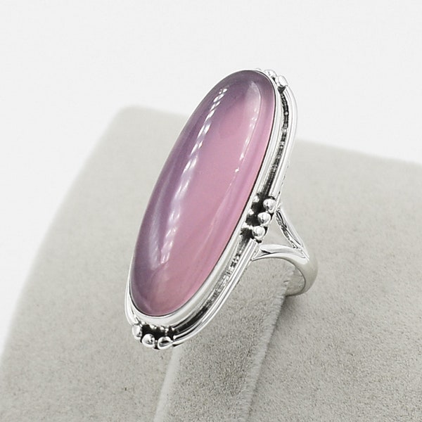 Pink Chalcedony Ring, 925 Sterling Silver, Chalcedony 10x30 mm Long Oval Ring, Silver Ring, Chalcedony Ring, Statement Ring, Boho Ring, Gift
